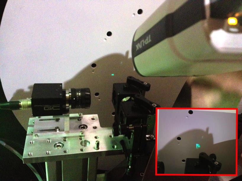 Figure 10: Left: A picture of the return spot from the alignment laser incident on the GWS cover. This is the spot prior to coma being removed with the positioning of the secondary mirror.