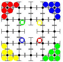 Definitions: Pawns are called kings in this game, and are represented in all pictures as a colored circle with a square inside it.