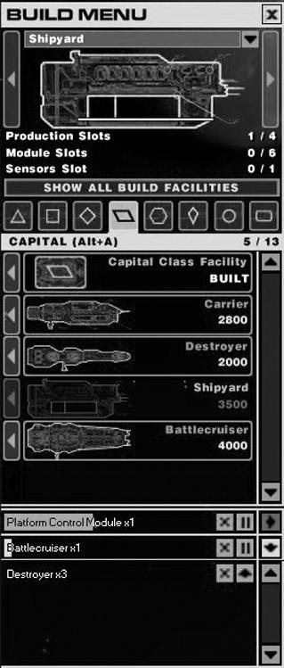 Build, Research, & Launch Manager BUILD MANAGER Click these arrows to scroll through available Capital Ships in your fleet Selected ship Ship facility icons; click to change facilities Facility name