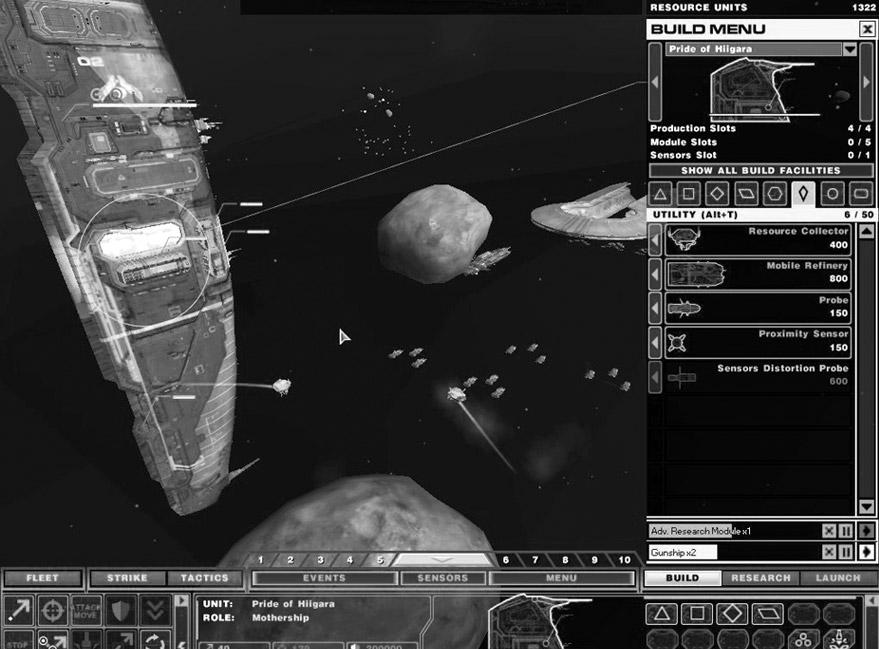 The Game Screen Selected ship pointer connected to the Build Manager Overlay (see Build Manager on p. 42) Resource Units collected (see Collecting Resources on p.