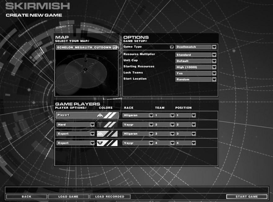 Select a Map Select all of your game options Customize players MAP Click on this drop-down menu to display all of the skirmish scenarios and the number of players involved in each one.