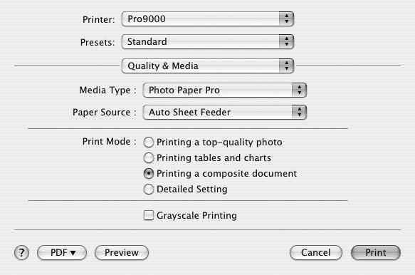 (2) Confirm that Pro9000 is selected in Format for. (3) Select the desired paper size from Paper Size. (4) Click OK.