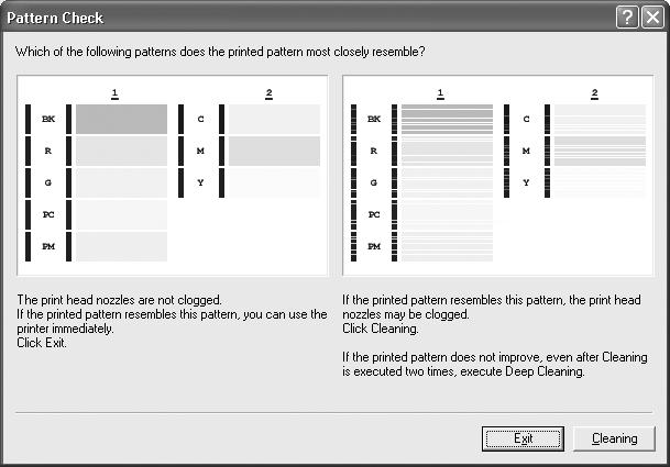 Printing Maintenance 2 When cleaning is necessary, click Cleaning on the Pattern Check dialog box.