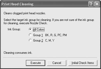 Printing Maintenance 3 Start Print Head Cleaning. (1) Click the Maintenance tab. (2) Click Cleaning. (3) Select the ink group to clean.