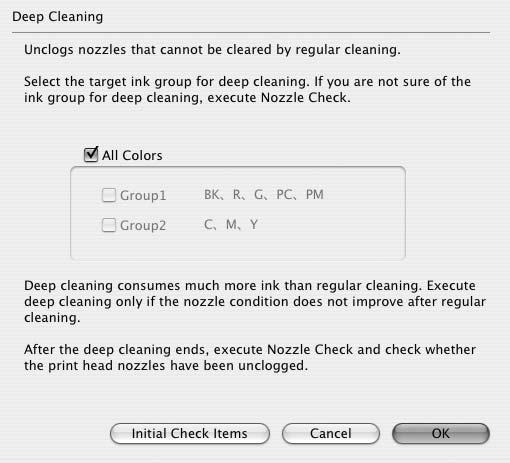 Printing Maintenance 3 Start Print Head Deep Cleaning. (1) Ensure that Cleaning is selected from the pop-up menu. (2) Click Deep Cleaning. (3) Select the ink group to clean.