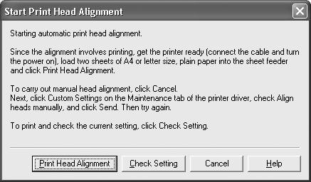 Printing Maintenance 3 Print the pattern. (1) Click the Maintenance tab. (2) Click Print Head Alignment. (3) Read the message and click Print Head Alignment. Two pattern sheets are printed.