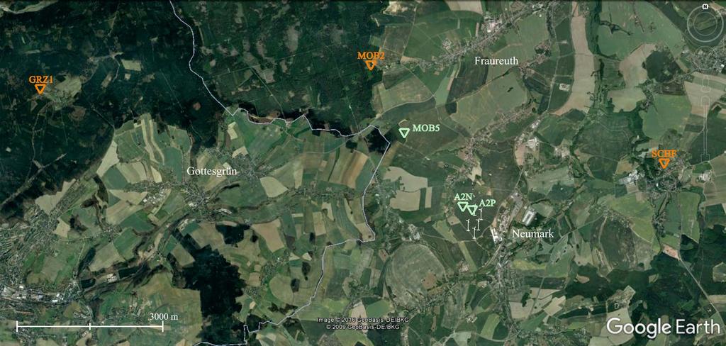 Figure 3. Third measurement campaign near WP Fraureuth-Beiersdorf. The orange triangles indicate the location of the permanent stations MOB2, SCHF and GRZ1.