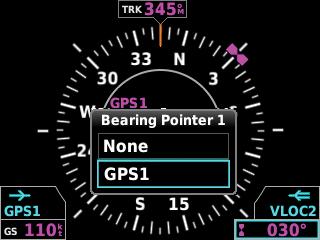 Flight Instruments Figure 2-20 Bearing Pointer Source Options 2.2.2 HEADING/GROUND TRACK (HSI PAGE) The Selected Heading or Ground Track is shown to the right of the HSI.