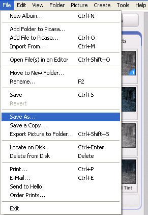 Method 2: 2. a. CLICK FILE>SAVE AS and type in the word you would like your photo be saved under. b. USE this method so that your photos do not override one another. Method 3: 3. a. LOCATE the HOMEPAGE OF PICASA 2- where it lists all of your folders.