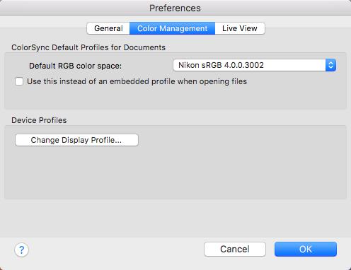 Camera Control Pro Preferences 5/6 The Color Management Tab (Mac) The Mac version displays the following options.