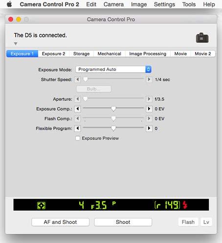 Return to first page Camera Control Pro 2 19 Overview Screen Layout 2/2 Mac q e w r t y u q Menu bar w Connection status: Shows the status and name of any cameras connected.