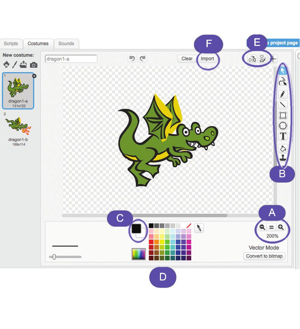 Match the letters from the diagram of the Scratch paint Editor to the correct description. A.
