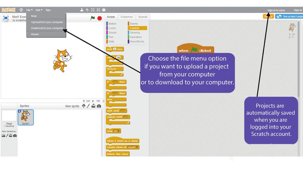 Exercises Assemble the commands from the events, control and motion areas of Scratch.