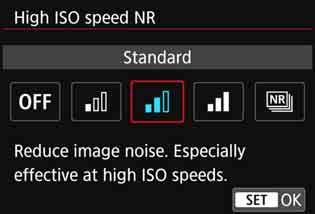 Change the setting to suit the noise level. 1 Select [High ISO speed NR]. Under the [z3] tab, select [High ISO speed NR], then press <0>. 2 Set the level.