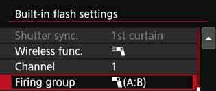 Custom Wireless Flash ShootingK [1 (A:B)] Firing multiple slave units in multiple groups A B You can divide the slave units into groups A and B, and change the flash ratio to obtain the