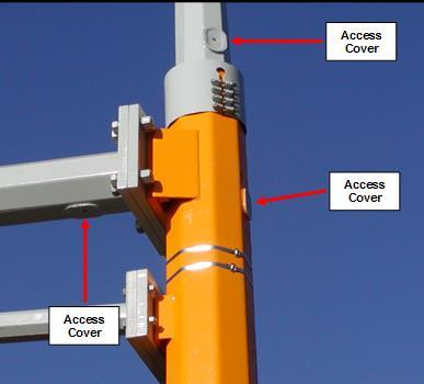 The access door of the transformer base must be oriented away from the traffic, as specified in the contract documents, to allow service personnel