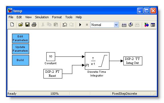 CHAPTER 3: DSP-2 LIBRARY FOR SIMULINK 14 Figure 13: Simple Simulink model Figure 14: GUI of Discrete-Time Integrator Now we can build the code from Simulink