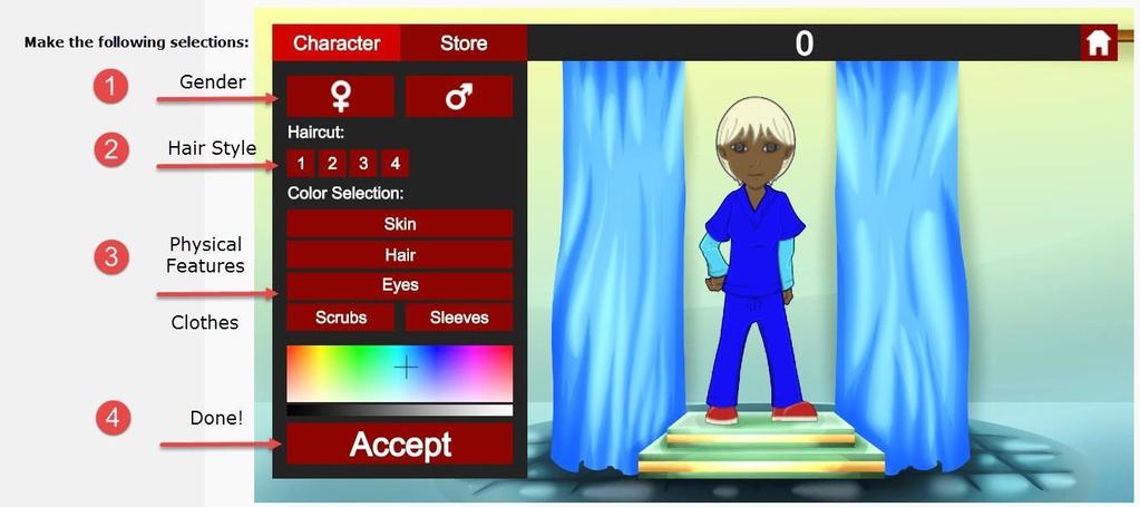 a. Character Customization & Store: Explore the closet (the double doors to your left) by scrolling over it and clicking to reveal the