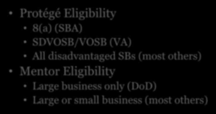Mentor-Protégé Overview Protégé Eligibility 8(a) (SBA) SDVOSB/VOSB (VA) All disadvantaged SBs