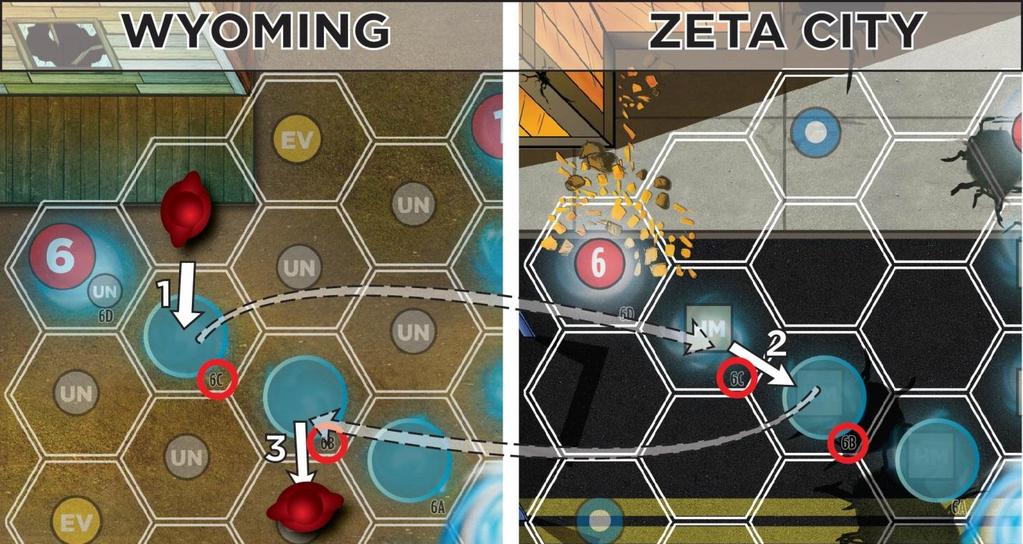 Rules: The board for this scenario is divided into two locations: Zeta City and alternate Wyoming. The top map is the Zeta City location. The bottom is the Wyoming location.