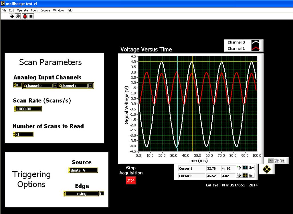 Figure 5: Front panel VI of a virtual digital oscilloscope.