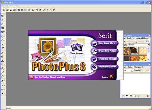 The PhotoPlus layout: Standard Toolbar Tools Toolbar Startup Wizard Instant Effects window Layers Window The Layers tab includes controls for creating, deleting, arranging, merging, and setting