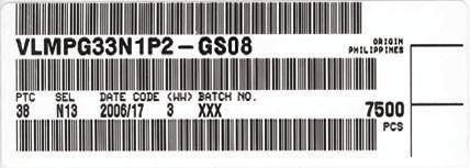 BAR CODE PRODUCT LABEL A 16 VISHAY B C D E F G 2138 A) Type of component B) Manufacturing plant C) SEL - selection code (bin): e.g.: N1 = code for luminous intensity group 3 = code for color group D) Date code year / week E) Day code (e.