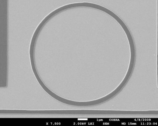 Light is coupled to the ring from a straight wire through a directional coupler. One resonance peak is shown in fig. 6(right). Fig. 6: Left-SEM photograph of the ring resonator with 7 μm radius.