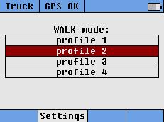 The selected profile for truck and walk mode are displayed on the screen. Walk mode The Walk mode Wi-Fi profile needs to be selected from the list of entered profiles.