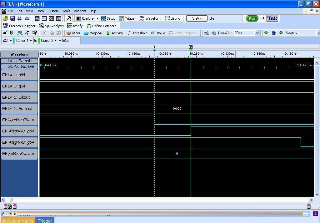 Fig. 4. Test setup showing the Logic Analyzer and Spartan 3E development board Fig. 5. Screen shot of a delay measurement for a 64 bit adder using MagniVu timing (blue traces) on the TLA 7012. V.