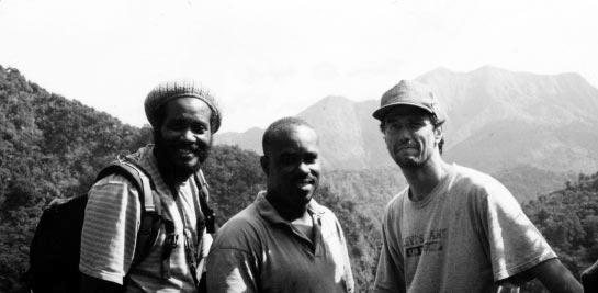 Durand, Winston and Reillo on Morne Prosper, December 2000. Grand Soufriere Hills and Morne Gouverneur are visible in background.