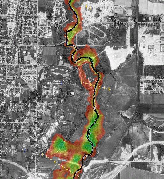 Figure 7 Flood depth map It is important to remember that the HEC-RAS results came from merged cross sections, but the floodplain is delineated on the original TIN that does not include the surveyed