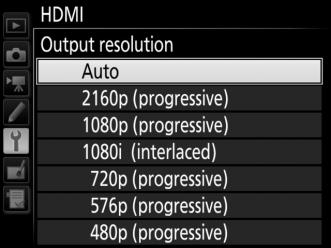 HDMI Options The HDMI option in the setup menu (0 124) controls output resolution and other advanced HDMI options. Output Resolution Choose the format for images output to the HDMI device.