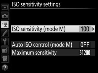 ISO Sensitivity Settings G button 1 movie shooting menu Adjust the following ISO sensitivity settings.