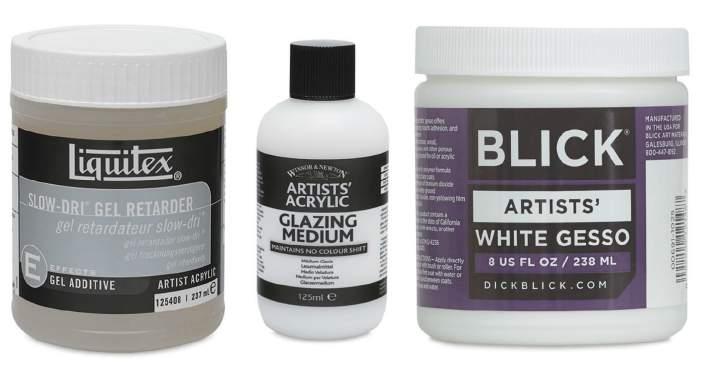 MEDIUMS here are a large number of mediums available to make acrylic paint thicker, thinner, more translucent or for special effects such as crackle or pearlescent.