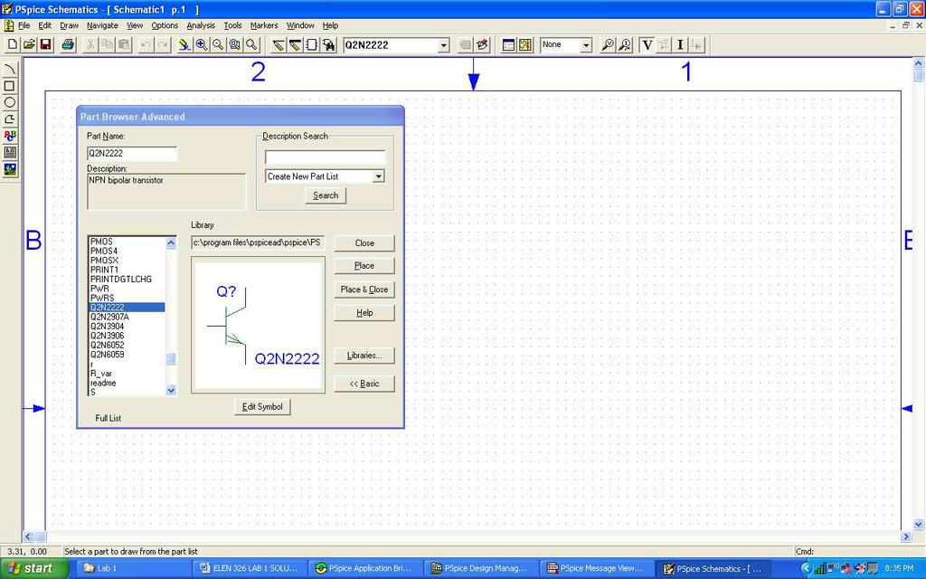 1. Circuit Analysis in PSpice 1.1 Transient and DC Analysis in PSpice Start by placing the circuit components in the schematic screen.