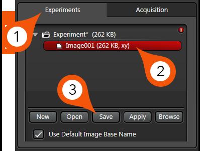 Saving Experiments When your imaging is complete, you can save your data to the local hard drive in the Experiments tab.