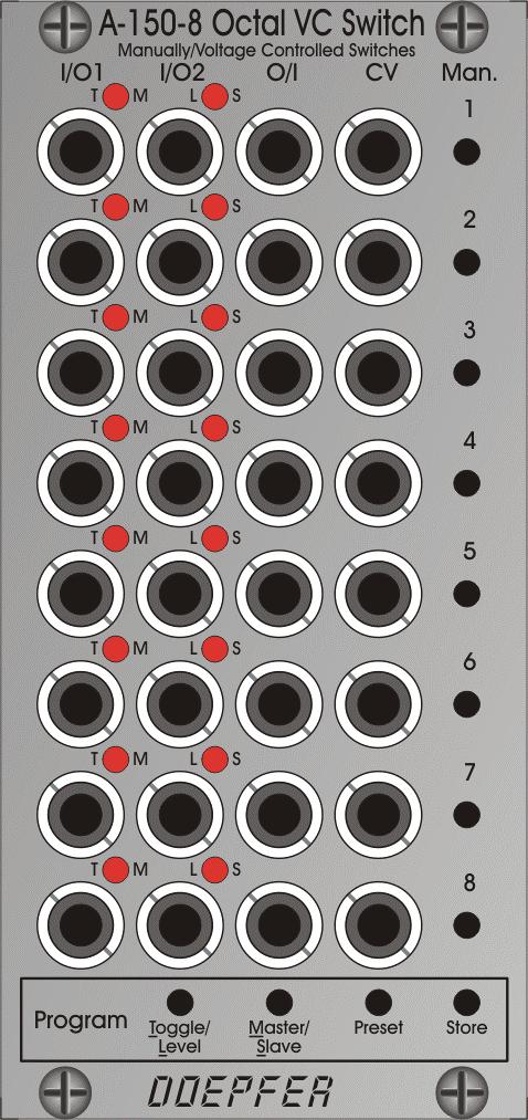A-150-8 Octal Manual/Voltage Controlled Programmable Switches Module A-150-8 contains eight manually/voltage controlled switches. Each of the eight switches has a manual control button (Man.