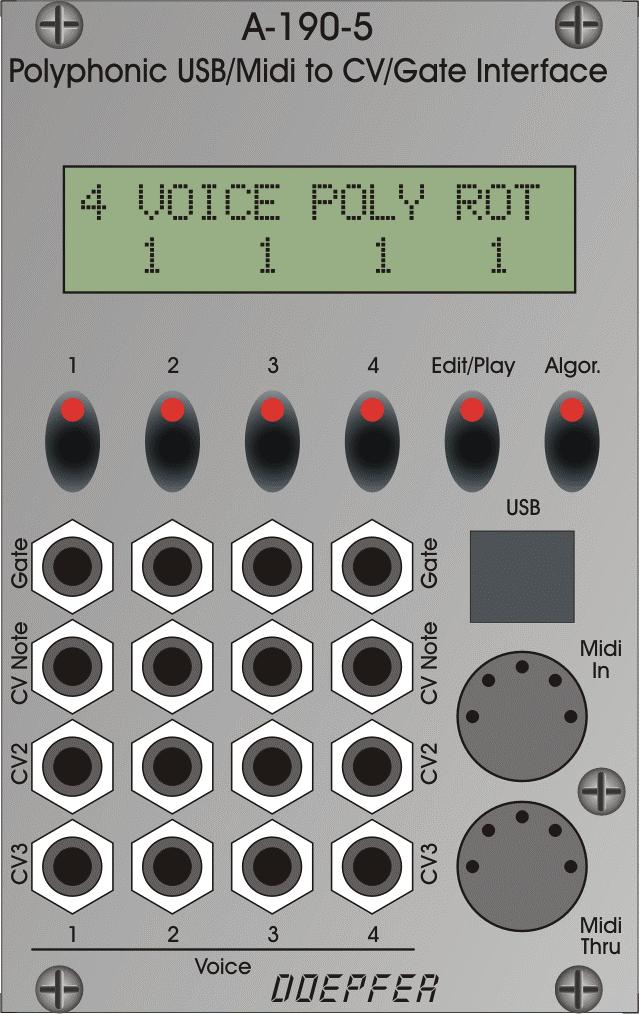 A-190-5 Polyphonic Midi/USB-CV Interface As the quad VCO A-111-4 requires a suitable control unit for polyphonic applications we decided to finish the A- 190-5, which is the planning state since a