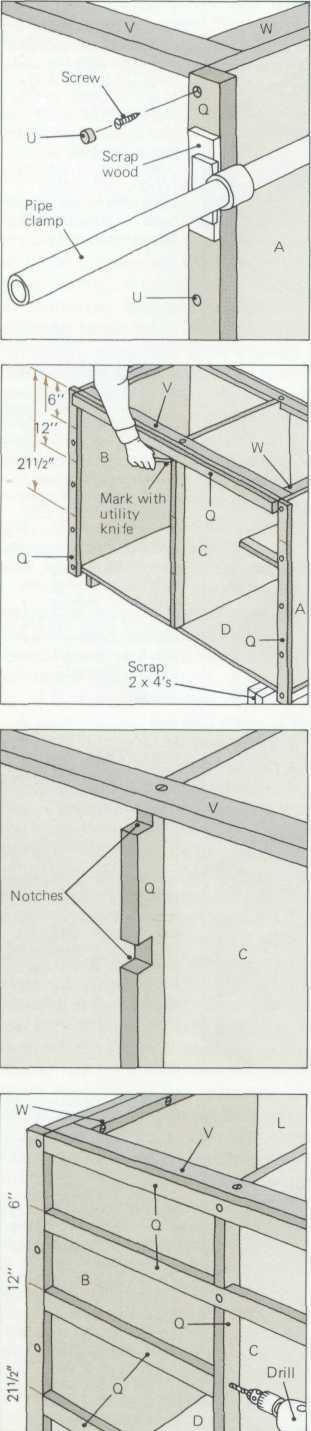 Kitchen base cabinet 9. Cut trim (Q) for front edges of cabinet sides, and clamp trim flush with inner edges and tops of sides. Use No. 10 bit to drill pilot holes every 8 in.