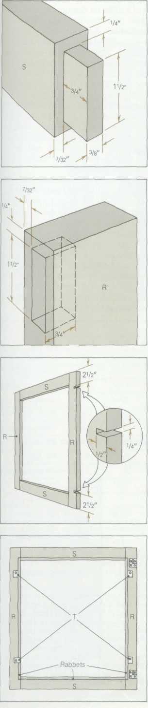 Draw cutting lines for mortises on door stiles (R) 1/4 and 1 3/4 in. from each end of each stile and 7/32 in. from each side edge Test-fit door-rail tenons inside the lines. Cut blind mortises 3/4 in.