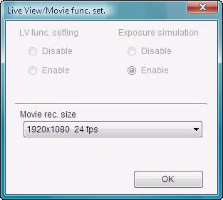 When setting the movie recording size, click [Live View/Movie func. set.], and display the [Live View/Movie func. set.] window before setting. Click the [ ] button and begin shooting.