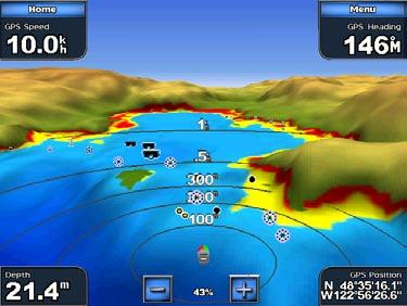 Using Charts Touch the button to view closer to your boat and lower to the water. Touch the button to move the view away from the boat. This is indicated by the scale ( ) at the bottom of the screen.