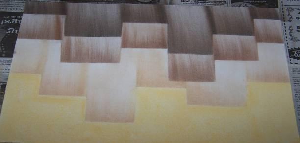 Use brown to put in the first layer of Use peach pastel on its side to fill in the buildings bottom