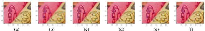 Demosaicking methods Fig. 1 (a) Original truth ROI of Macaw image, (b) Linear, (c) Cok, (d) Freeman, (e) Laroche Prescott, (f) Hamilton Adams interpolations on Macaw image.