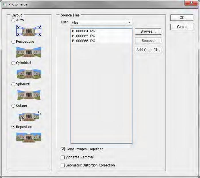 Creating a panorama by using Photomerge in Photoshop To create a panorama, you need a series of scenic photographs that overlap slightly. To create a panorama: 1. Choose File > Automate > Photomerge.