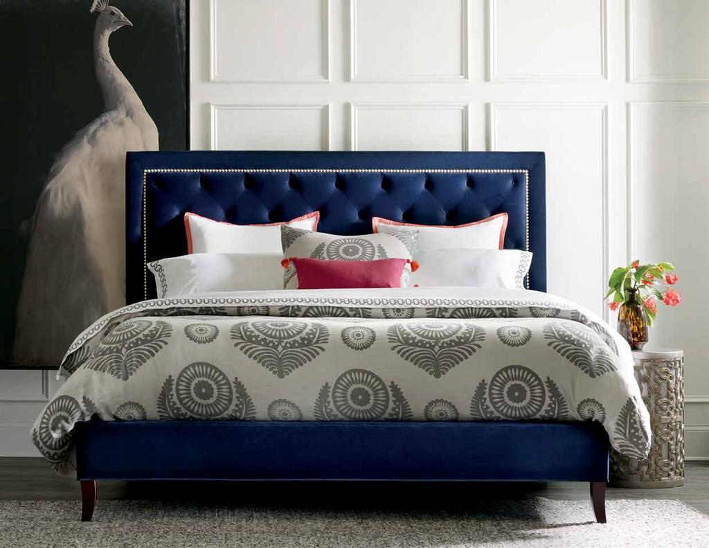 JAY Our Jay Upholstered Bed shown in Seraphine Indigo base fabric and a pewter nail-head 8 1/2 Rail with Tappered