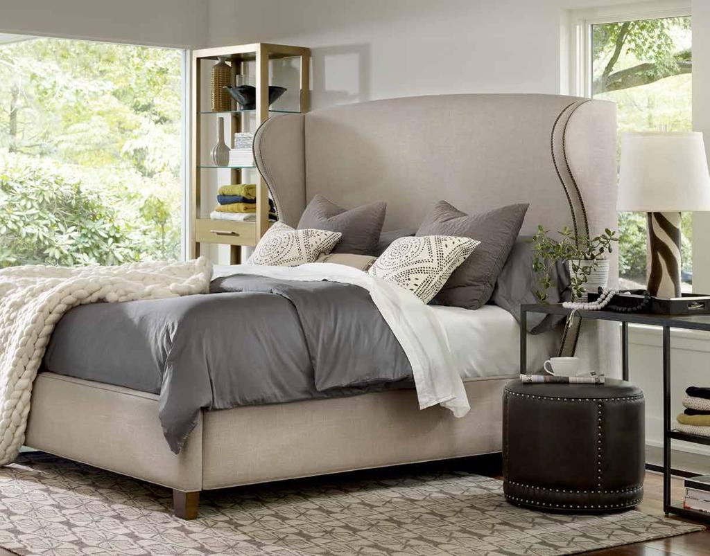 HERON The Heron Bed shown here in a Linen Duck base fabric with a vintage nail-head 11 1/2 Rail with Block Leg in our Chestnut finish 464-94866 Heron 64 Upholstered Bed, King 90W 90D 64H Shown in
