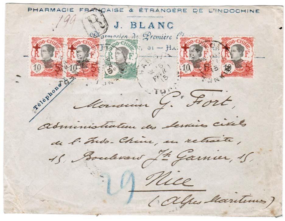 Use of Two-Line 10 + 5 centimes Four copies of the two-line Red Cross overprint contributed to the franking for a double-weight,