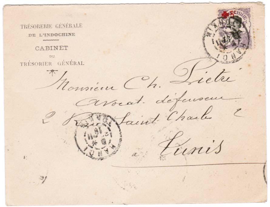 Use of One-Line 15 + 5 centimes The high value of the was used here to pay the postage for a mailing to Tunisia in 1918.